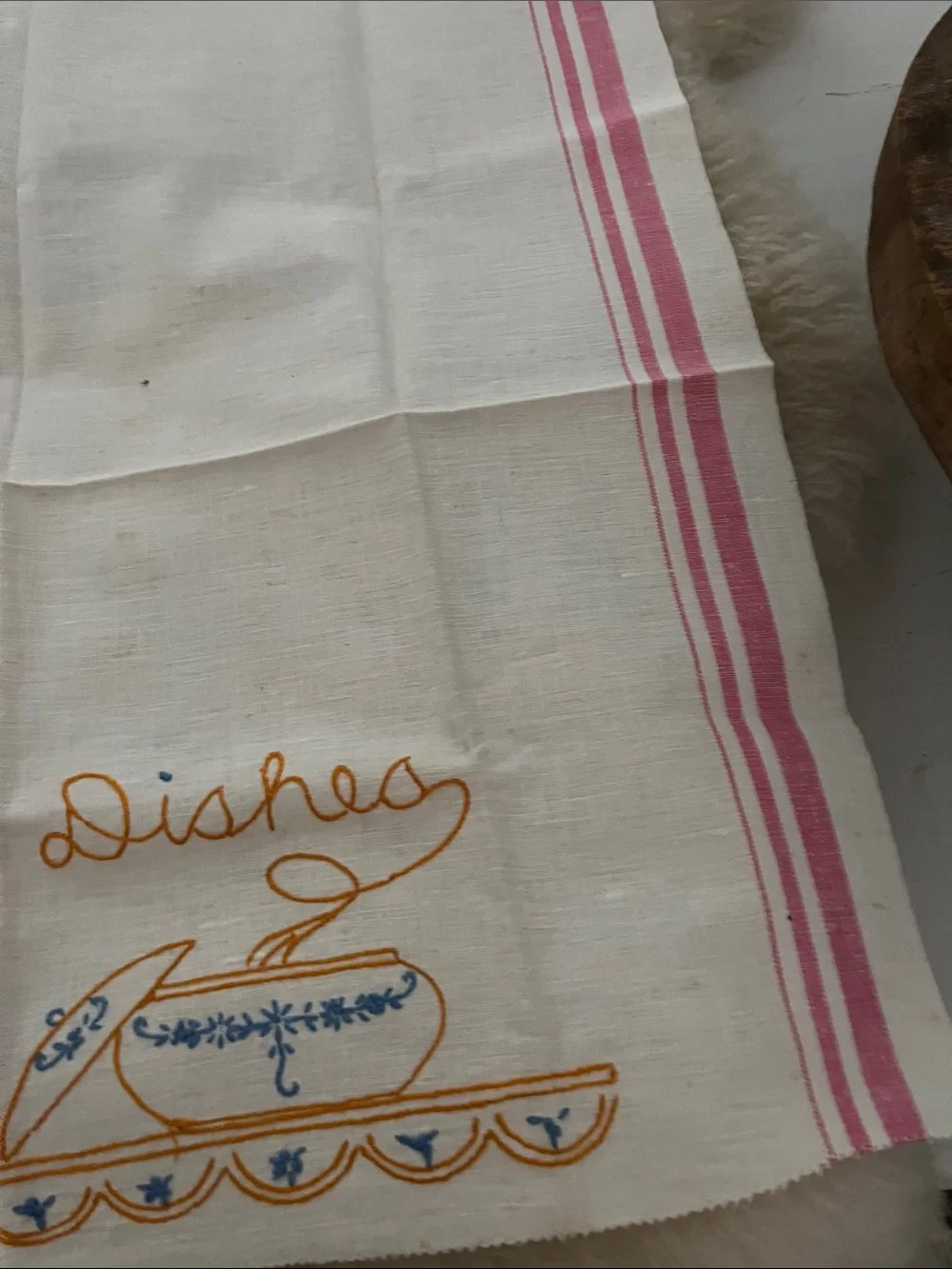 White Embroidered Kitchen Tea Towel with Blue & Orange Dish Motif